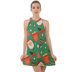 Colorful Funny Christmas Pattern Halter Tie Back Chiffon Dress