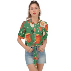 Colorful Funny Christmas Pattern Tie Front Shirt 