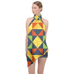 Background Geometric Color Halter Asymmetric Satin Top