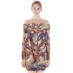 Tree Forest Woods Nature Landscape Long Sleeve Off Shoulder Dress by Semog4