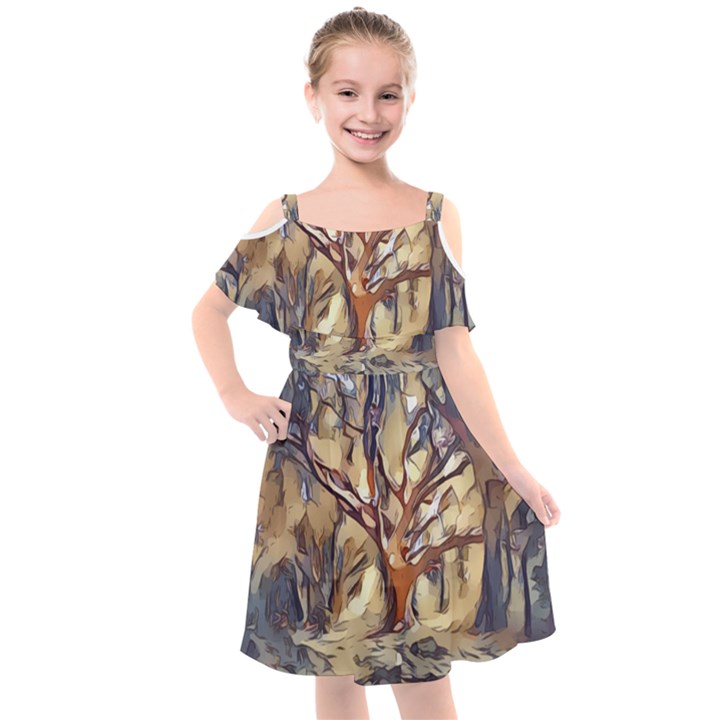 Tree Forest Woods Nature Landscape Kids  Cut Out Shoulders Chiffon Dress