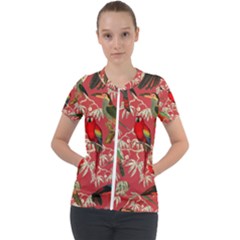 Vintage Tropical Birds Pattern In Pink Short Sleeve Zip Up Jacket by CCBoutique