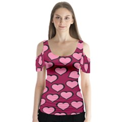 Pattern Pink Abstract Heart Love Butterfly Sleeve Cutout Tee 