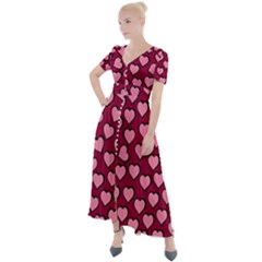 Pattern Pink Abstract Heart Love Button Up Short Sleeve Maxi Dress by Ravend