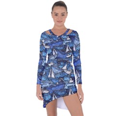 Boat Ship Background Pattern Asymmetric Cut-out Shift Dress by Ravend