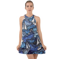 Boat Ship Background Pattern Halter Tie Back Chiffon Dress