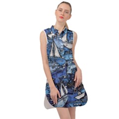 Boat Ship Background Pattern Sleeveless Shirt Dress by Ravend