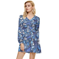 Boat Ship Background Pattern Tiered Long Sleeve Mini Dress