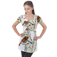 Cat Playing The Violin Art Puff Sleeve Tunic Top
