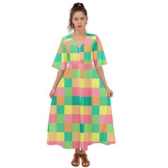 Checkerboard-pastel-squares- Kimono Sleeve Boho Dress