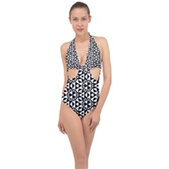 Geometric-tile-background Halter Front Plunge Swimsuit by Semog4