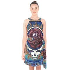 Grateful Dead Skull Rose Halter Collar Waist Tie Chiffon Dress by Semog4