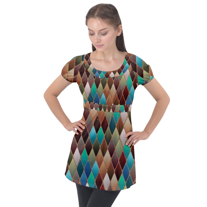 Diamond Shapes Pattern Puff Sleeve Tunic Top