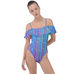 Blue Magenta Speckles Line Frill Detail One Piece Swimsuit