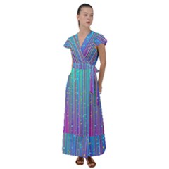 Blue Magenta Speckles Line Flutter Sleeve Maxi Dress