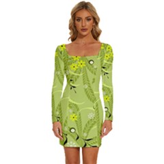 Seamless Pattern Green Garden Long Sleeve Square Neck Bodycon Velvet Dress by Semog4