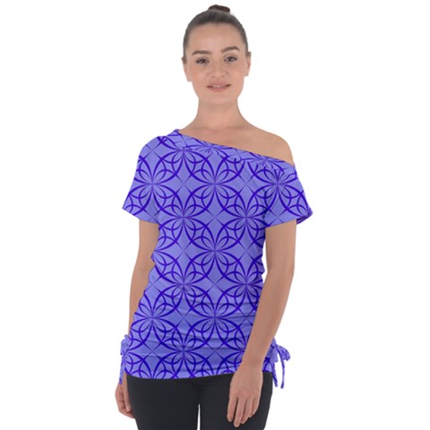 Decor Pattern Blue Curved Line Off Shoulder Tie-up Tee by Semog4