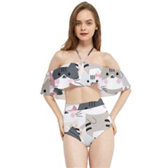 Cute Cat Couple Seamless Pattern Cartoon Halter Flowy Bikini Set  by Semog4