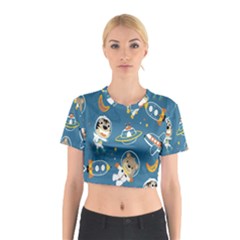 Seamless Pattern Funny Astronaut Outer Space Transportation Cotton Crop Top by Semog4