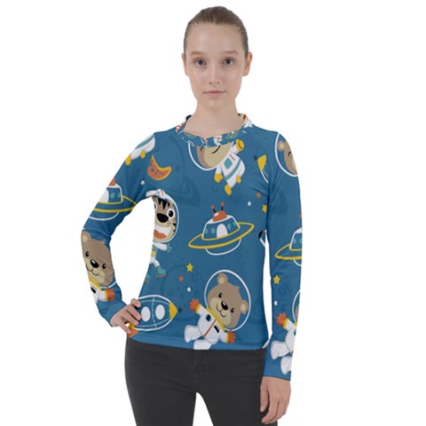 Seamless Pattern Funny Astronaut Outer Space Transportation Women s Pique Long Sleeve Tee by Semog4