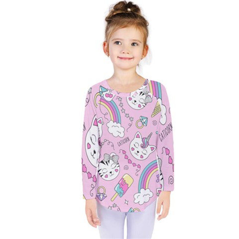 Beautiful Cute Animals Pattern Pink Kids  Long Sleeve Tee by Semog4