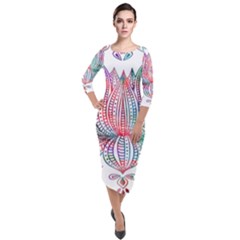 Lotus Feathers Boho Watercolor Quarter Sleeve Midi Velour Bodycon Dress