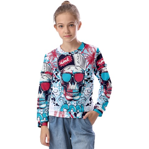 That Cool Graffiti Skull Kids  Long Sleeve Tee With Frill  by Salman4z