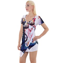 Anchor watercolor painting tattoo art anchors and birds Short Sleeve Asymmetric Mini Dress