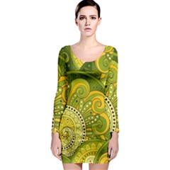 Doodles Patterns Ornament Vector Flowers Green Long Sleeve Bodycon Dress