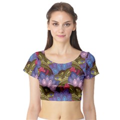 Purple Red And Green Flowers Digital Wallpaper Patterns Ornament Short Sleeve Crop Top by Salman4z