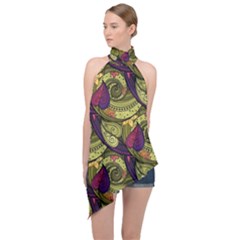 Pattern Vector Texture Style Garden Drawn Hand Floral Halter Asymmetric Satin Top by Salman4z