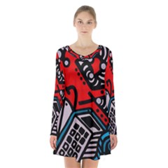 Multicolored Doodle Art Street Art Long Sleeve Velvet V-neck Dress by Salman4z