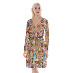 Multicolored Doodle Art Wallpaper Long Sleeve Velvet Front Wrap Dress