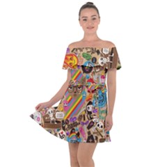 Multicolored Doodle Art Wallpaper Off Shoulder Velour Dress by Salman4z