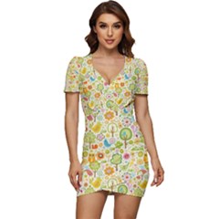 Nature Doodle Art Trees Birds Owl Children Pattern Multi Colored Low Cut Cap Sleeve Mini Dress by Salman4z