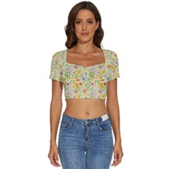 Nature Doodle Art Trees Birds Owl Children Pattern Multi Colored Short Sleeve Square Neckline Crop Top  by Salman4z