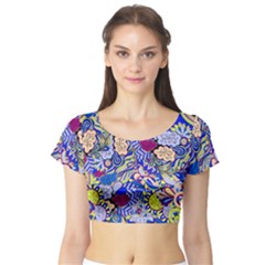 Blue Yellow Background Pattern Vector Texture Paisley Short Sleeve Crop Top