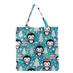 Blue Penguin Pattern Christmas Grocery Tote Bag