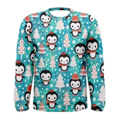 Blue Penguin Pattern Christmas Men s Long Sleeve Tee