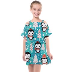Blue Penguin Pattern Christmas Kids  One Piece Chiffon Dress by Salman4z