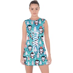 Blue Penguin Pattern Christmas Lace Up Front Bodycon Dress