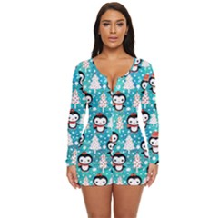 Blue Penguin Pattern Christmas Long Sleeve Boyleg Swimsuit by Salman4z