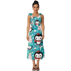 Blue Penguin Pattern Christmas Tie-strap Tiered Midi Chiffon Dress