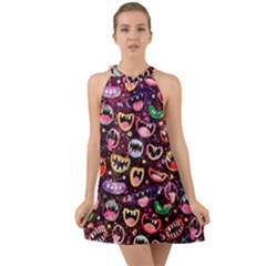 Funny Monster Mouths Halter Tie Back Chiffon Dress