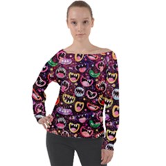 Funny Monster Mouths Off Shoulder Long Sleeve Velour Top by Salman4z