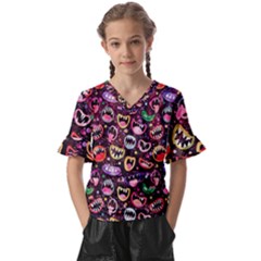 Funny Monster Mouths Kids  V-neck Horn Sleeve Blouse