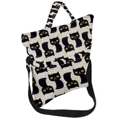 Black Cats And Dots Koteto Cat Pattern Kitty Fold Over Handle Tote Bag by Salman4z