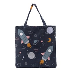 Space Background Illustration With Stars And Rocket Seamless Vector Pattern Grocery Tote Bag