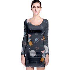 Space Background Illustration With Stars And Rocket Seamless Vector Pattern Long Sleeve Bodycon Dress