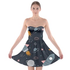 Space Background Illustration With Stars And Rocket Seamless Vector Pattern Strapless Bra Top Dress by Salman4z